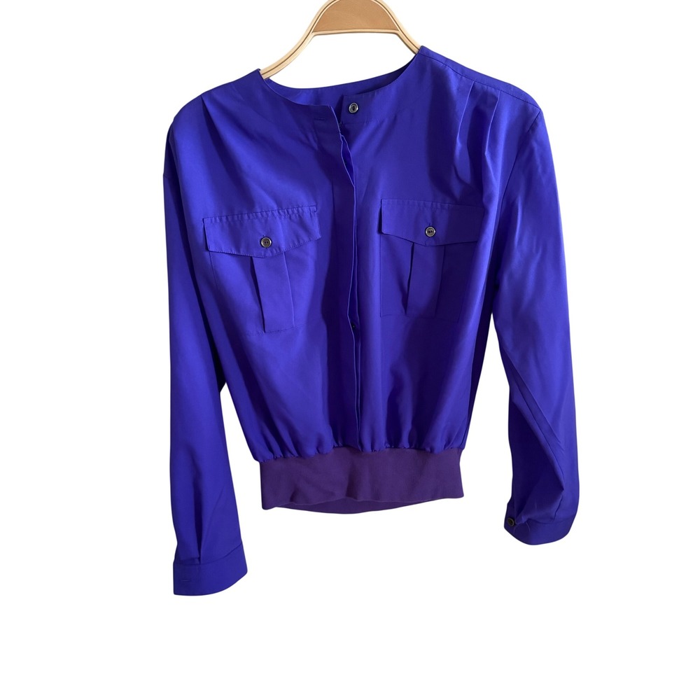 Laura and Jayne Vintage Purple Bomber Blouse Band Collar Roll Tab Sleeve‎ Size 6